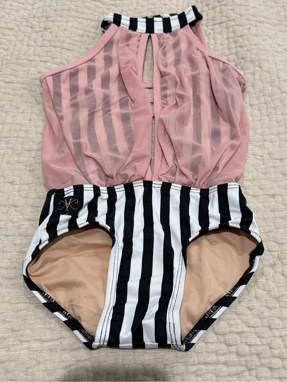 Kandi Kouture CM Black White Stripe Pink Mesh Dance Leotard